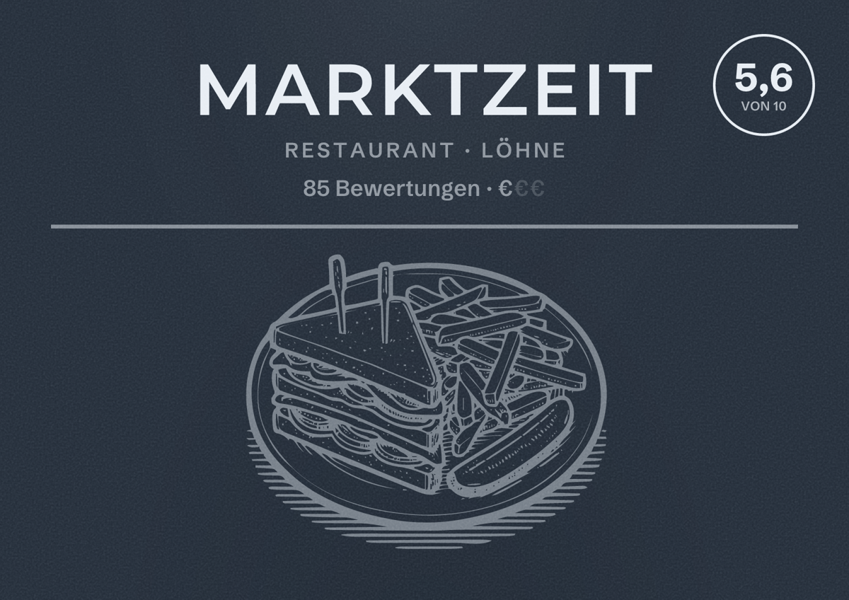 Illustriertes Poster von MARKTZEIT, Restaurant in Löhne: Bewertung 5,6 von 10 aus 85 Bewertungen, Preisniveau €