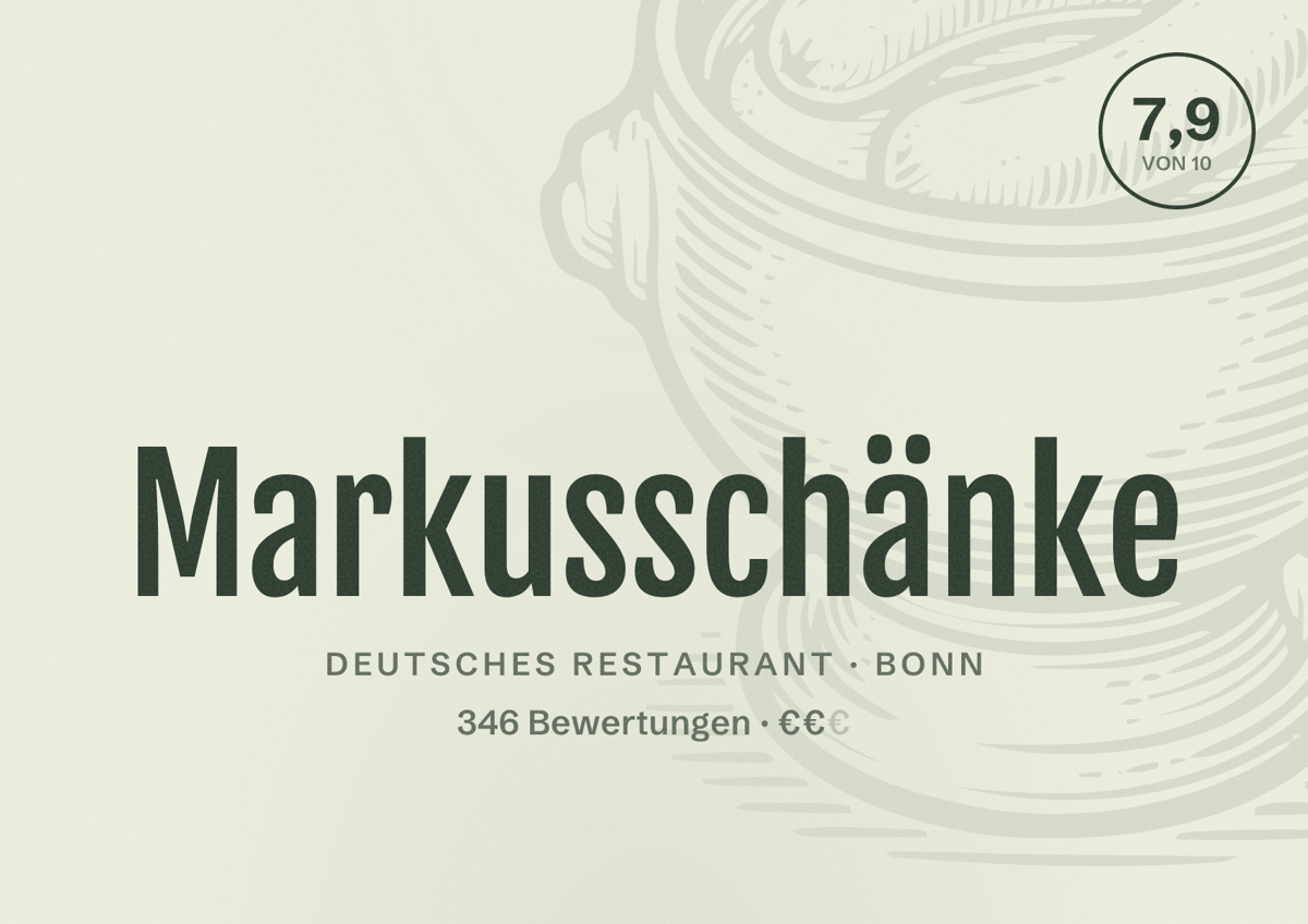 Illustriertes Poster von Markusschänke, Deutsches Restaurant in Bonn: Bewertung 7,9 von 10 aus 346 Bewertungen, Preisniveau €€