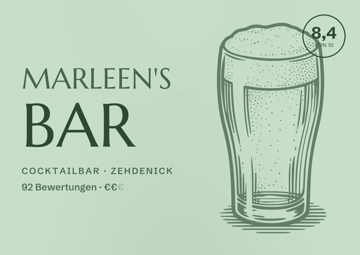 Illustriertes Poster von Marleen's Bar, Cocktailbar in Zehdenick: Bewertung 8,4 von 10 aus 92 Bewertungen, Preisniveau €€