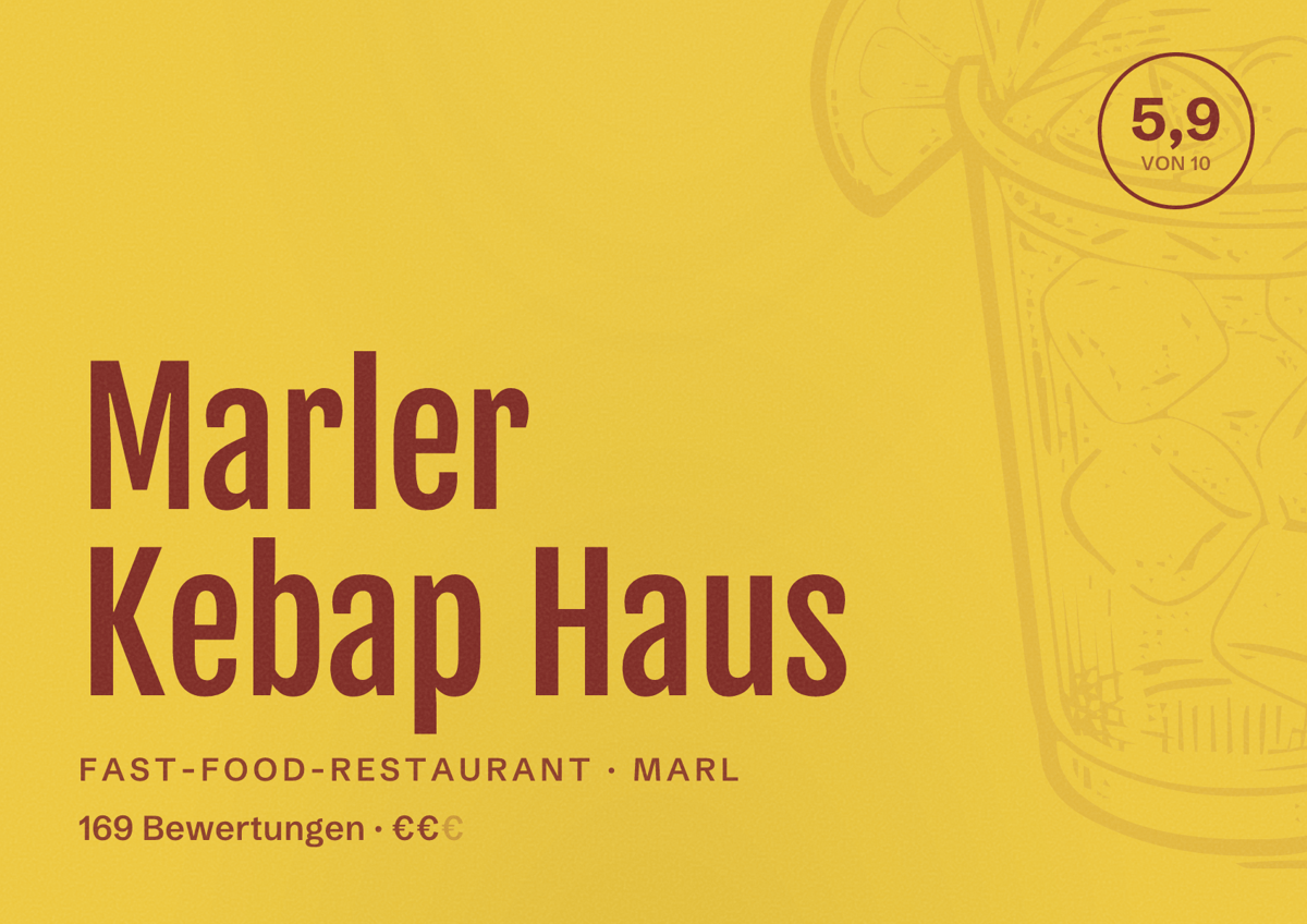Illustriertes Poster von Marler Kebap Haus, Fast-Food-Restaurant in Marl: Bewertung 5,9 von 10 aus 169 Bewertungen, Preisniveau €€