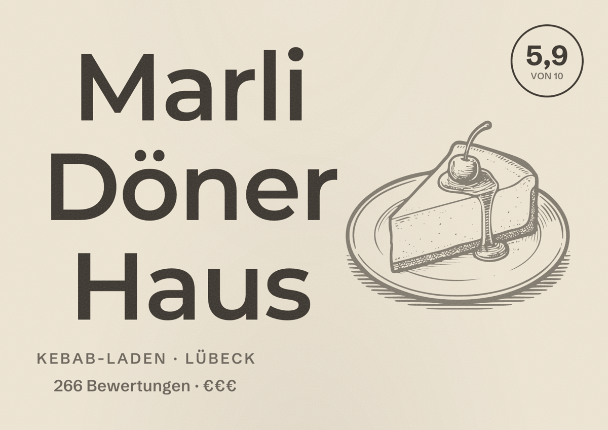 Illustriertes Poster von Marli Döner Haus, Kebab-Laden in Lübeck: Bewertung 5,9 von 10 aus 266 Bewertungen, Preisniveau €€€