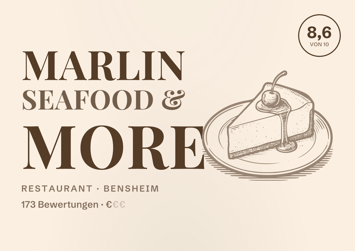 Illustriertes Poster von Marlin Seafood & More, Restaurant in Bensheim: Bewertung 8,6 von 10 aus 173 Bewertungen, Preisniveau €