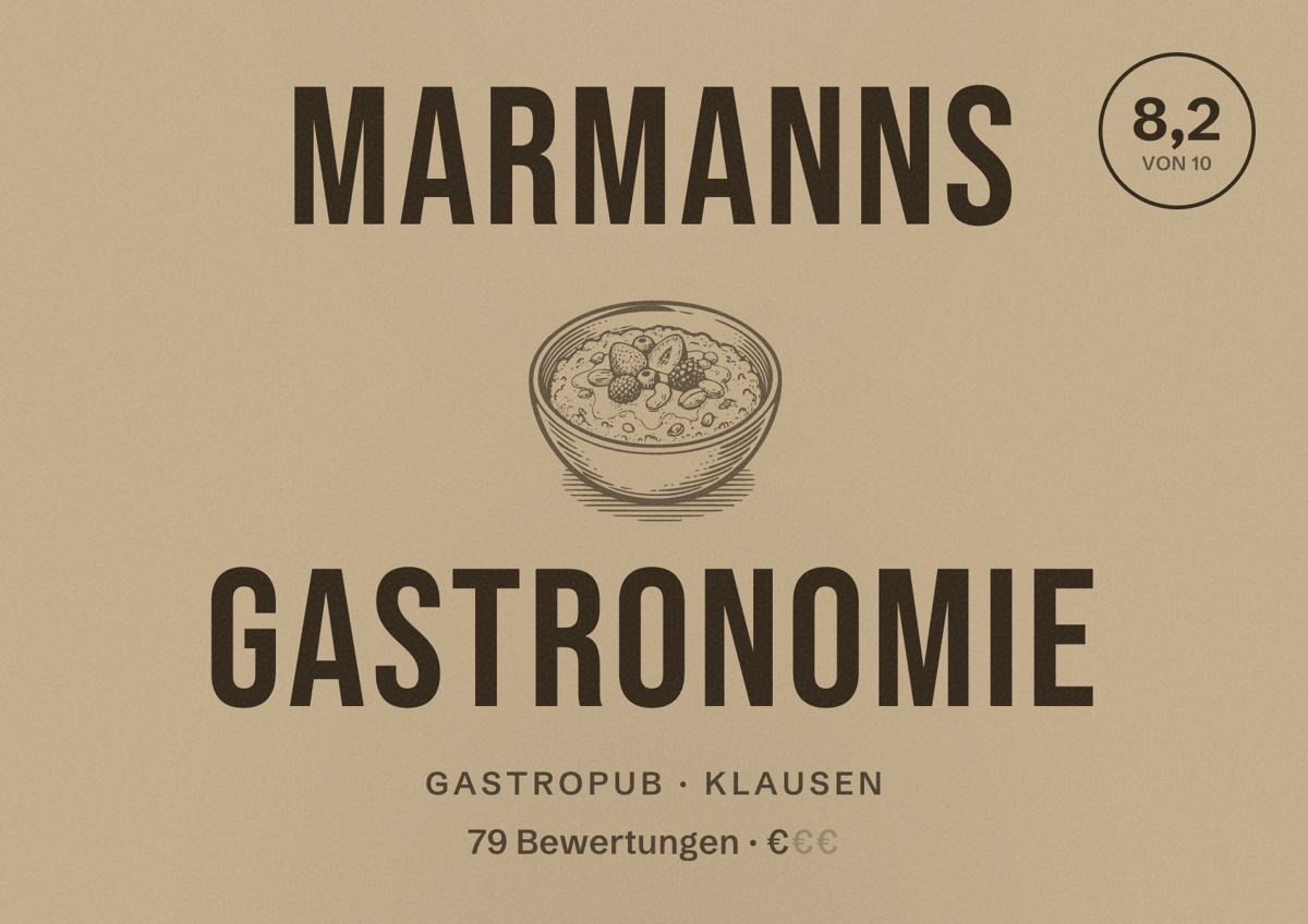 Illustriertes Poster von Marmanns Gastronomie, Gastropub in Klausen: Bewertung 8,2 von 10 aus 79 Bewertungen, Preisniveau €