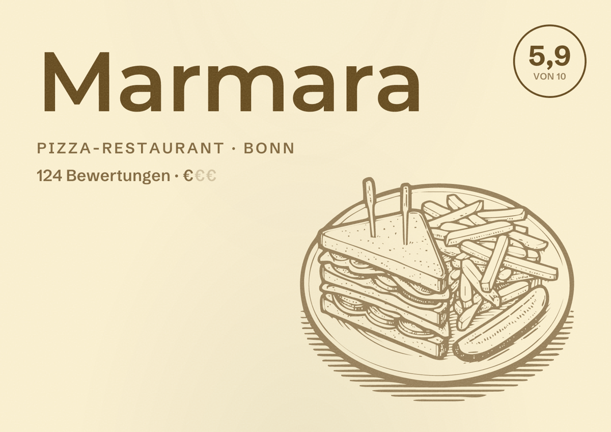 Illustriertes Poster von Marmara, Pizza-Restaurant in Bonn: Bewertung 5,9 von 10 aus 124 Bewertungen, Preisniveau €