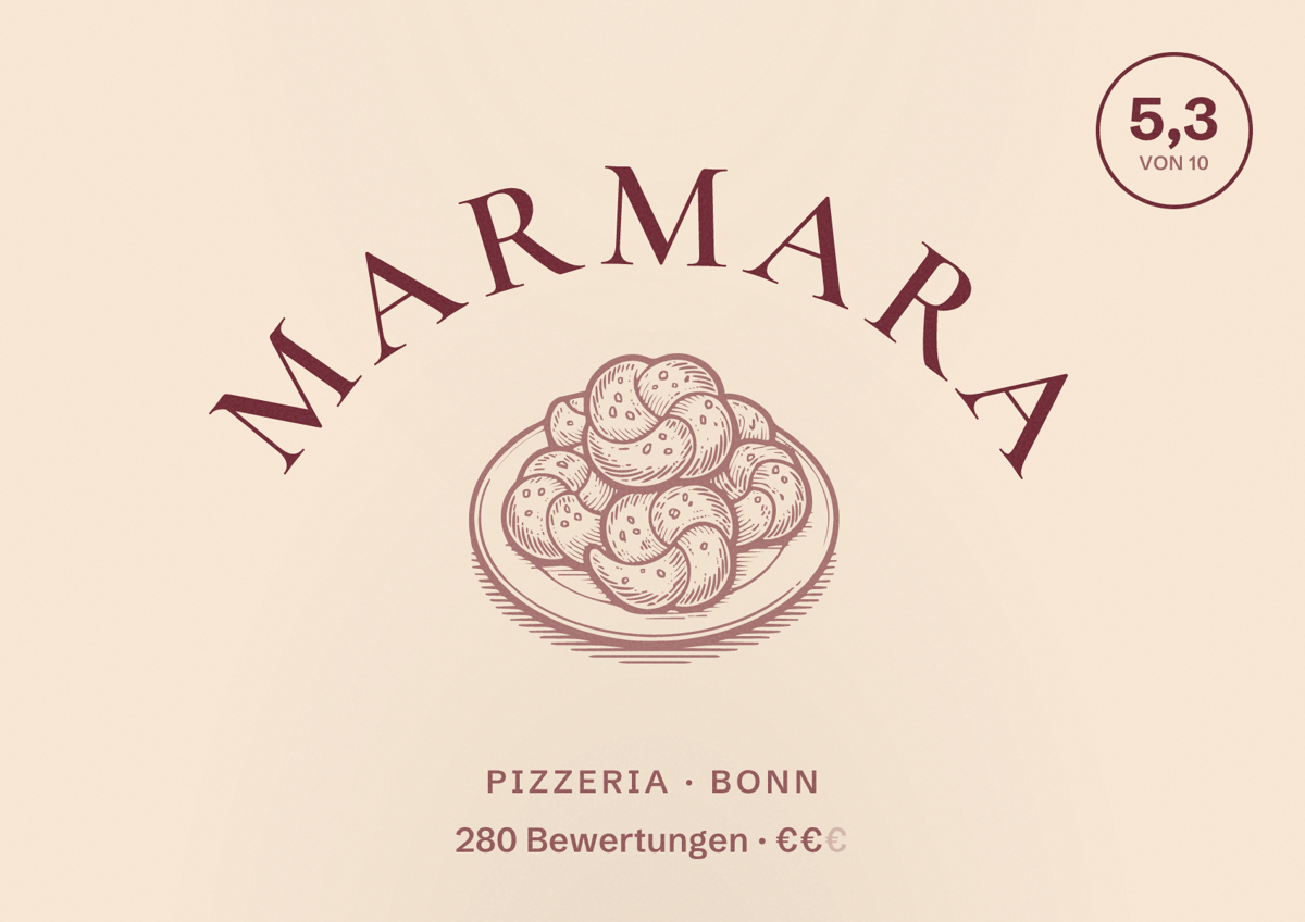 Illustriertes Poster von Marmara, Pizzeria in Bonn: Bewertung 5,3 von 10 aus 280 Bewertungen, Preisniveau €€