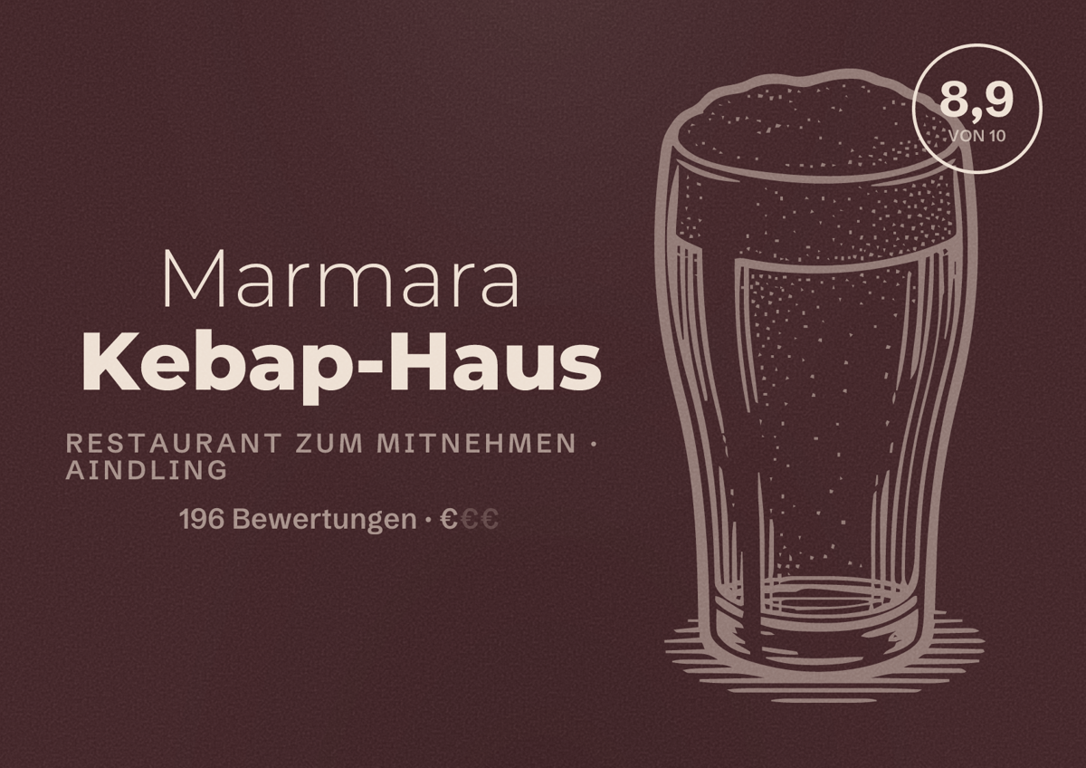 Illustriertes Poster von Marmara Kebap-Haus, Restaurant zum Mitnehmen in Aindling: Bewertung 8,9 von 10 aus 196 Bewertungen, Preisniveau €