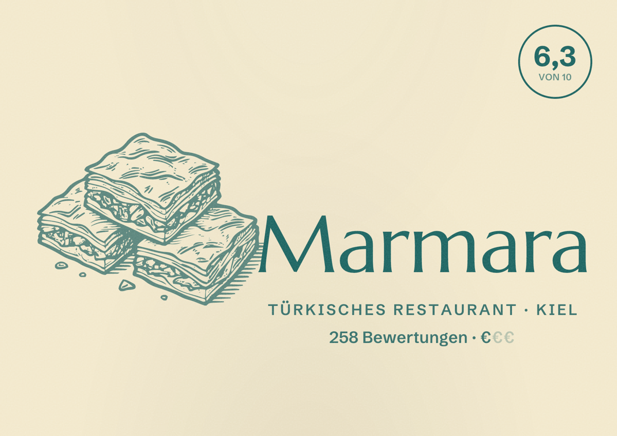 Illustriertes Poster von Marmara, Türkisches Restaurant in Kiel: Bewertung 6,3 von 10 aus 258 Bewertungen, Preisniveau €