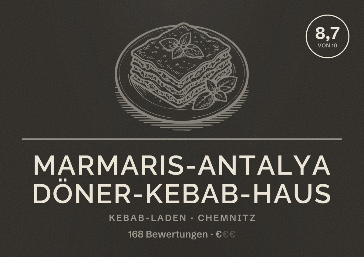 Illustriertes Poster von MARMARIS-ANTALYA Döner-Kebab-Haus, Kebab-Laden in Chemnitz: Bewertung 8,7 von 10 aus 168 Bewertungen, Preisniveau €