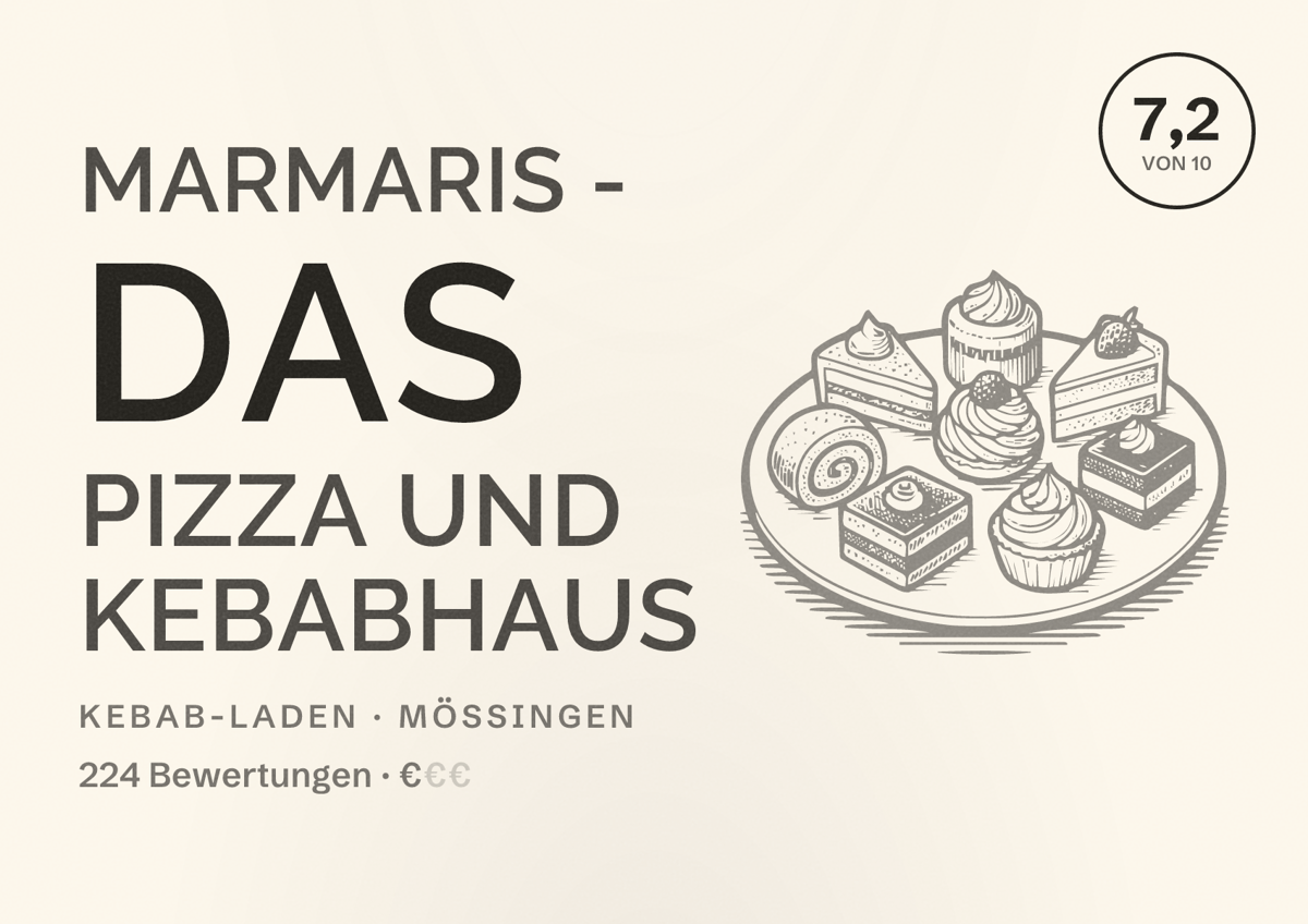 Illustriertes Poster von Marmaris - Das Pizza und Kebabhaus, Kebab-Laden in Mössingen: Bewertung 7,2 von 10 aus 224 Bewertungen, Preisniveau €