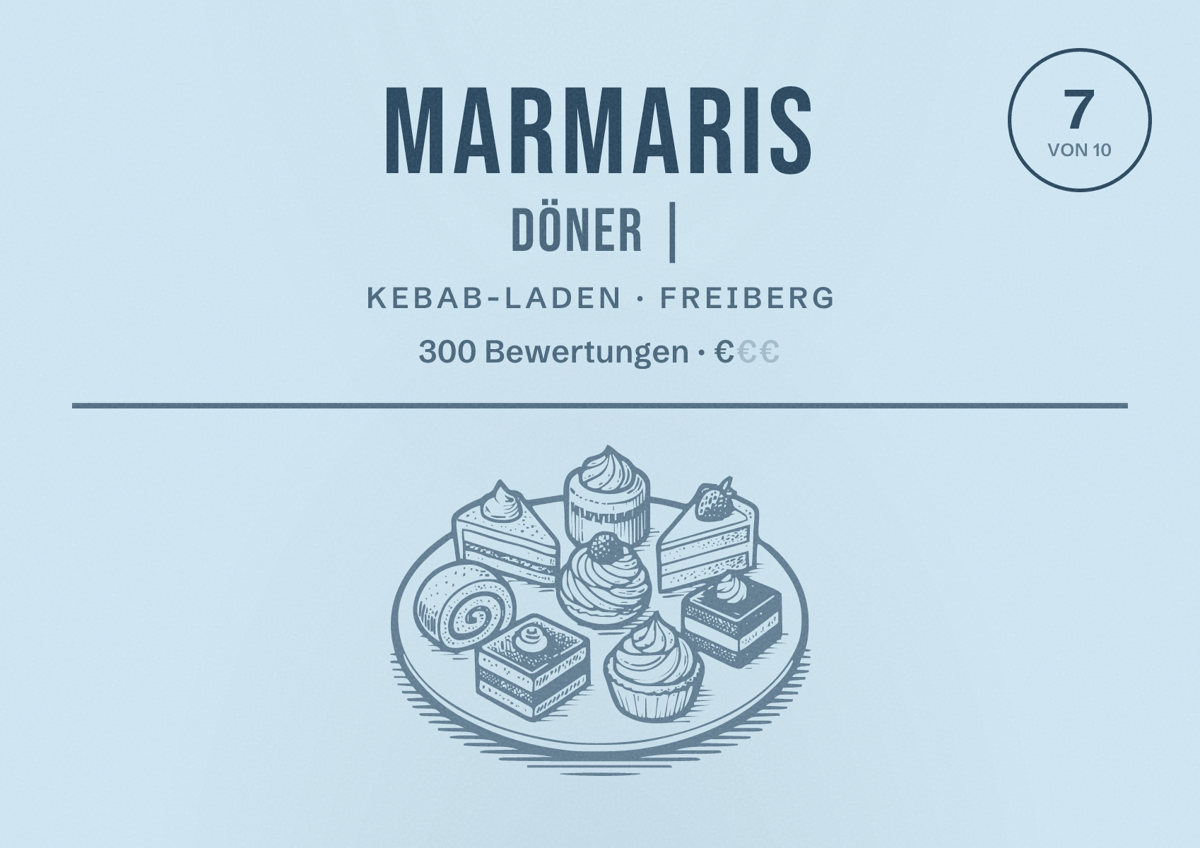 Illustriertes Poster von Marmaris Döner |, Kebab-Laden in Freiberg: Bewertung 7 von 10 aus 300 Bewertungen, Preisniveau €