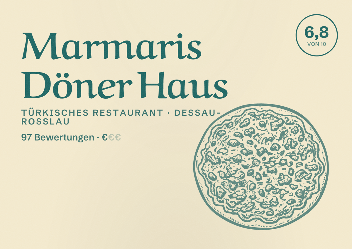 Illustriertes Poster von Marmaris Döner Haus, Türkisches Restaurant in Dessau-Roßlau: Bewertung 6,8 von 10 aus 97 Bewertungen, Preisniveau €