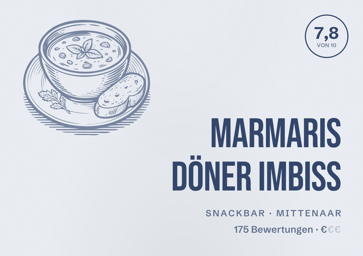 Illustriertes Poster von Marmaris Döner Imbiss, Snackbar in Mittenaar: Bewertung 7,8 von 10 aus 175 Bewertungen, Preisniveau €