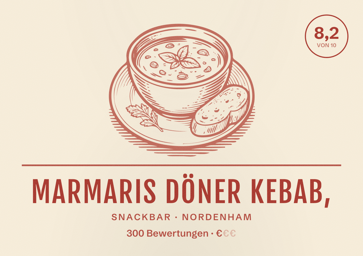 Illustriertes Poster von Marmaris Döner Kebab,, Snackbar in Nordenham: Bewertung 8,2 von 10 aus 300 Bewertungen, Preisniveau €