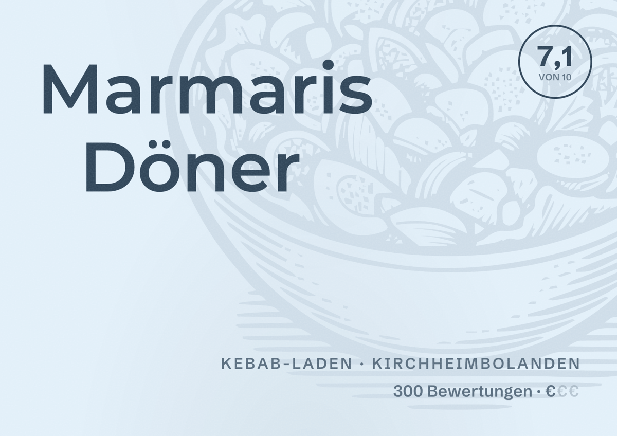 Illustriertes Poster von Marmaris Döner, Kebab-Laden in Kirchheimbolanden: Bewertung 7,1 von 10 aus 300 Bewertungen, Preisniveau €