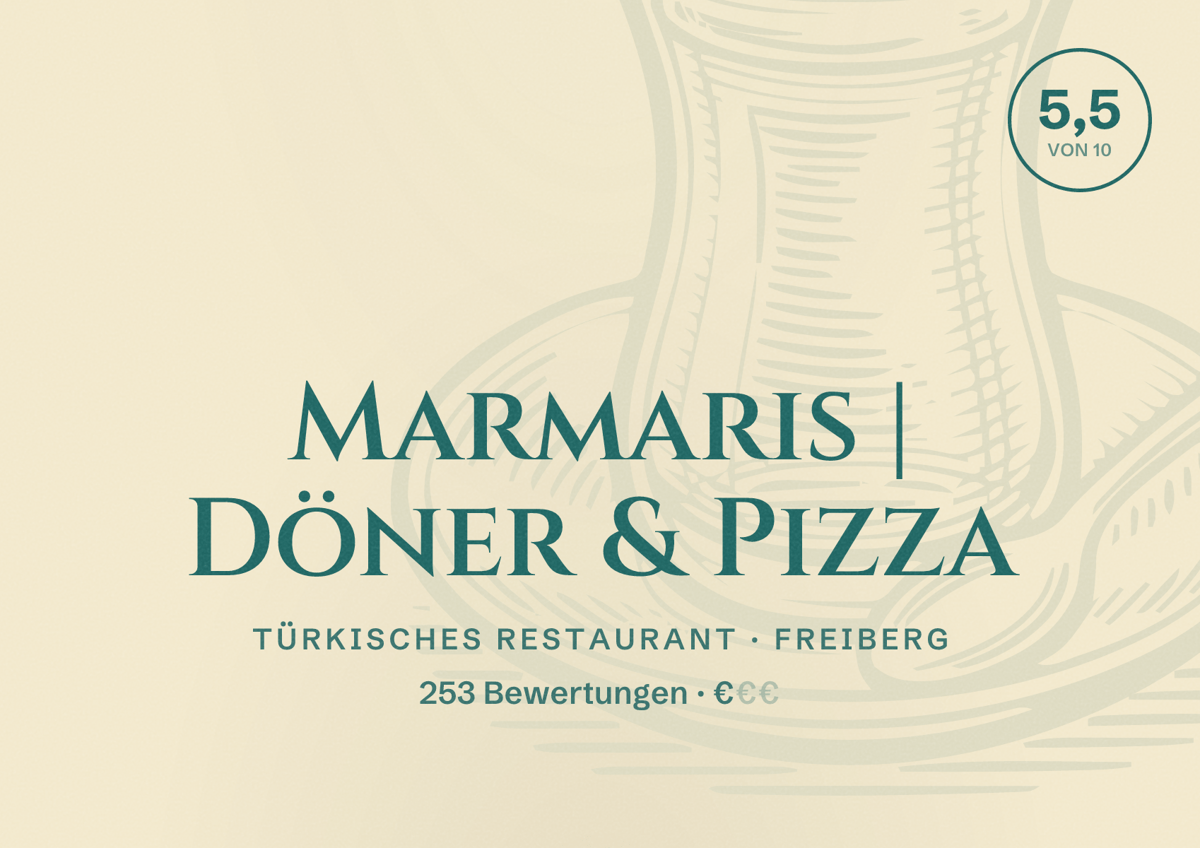 Illustriertes Poster von Marmaris | Döner & Pizza, Türkisches Restaurant in Freiberg: Bewertung 5,5 von 10 aus 253 Bewertungen, Preisniveau €