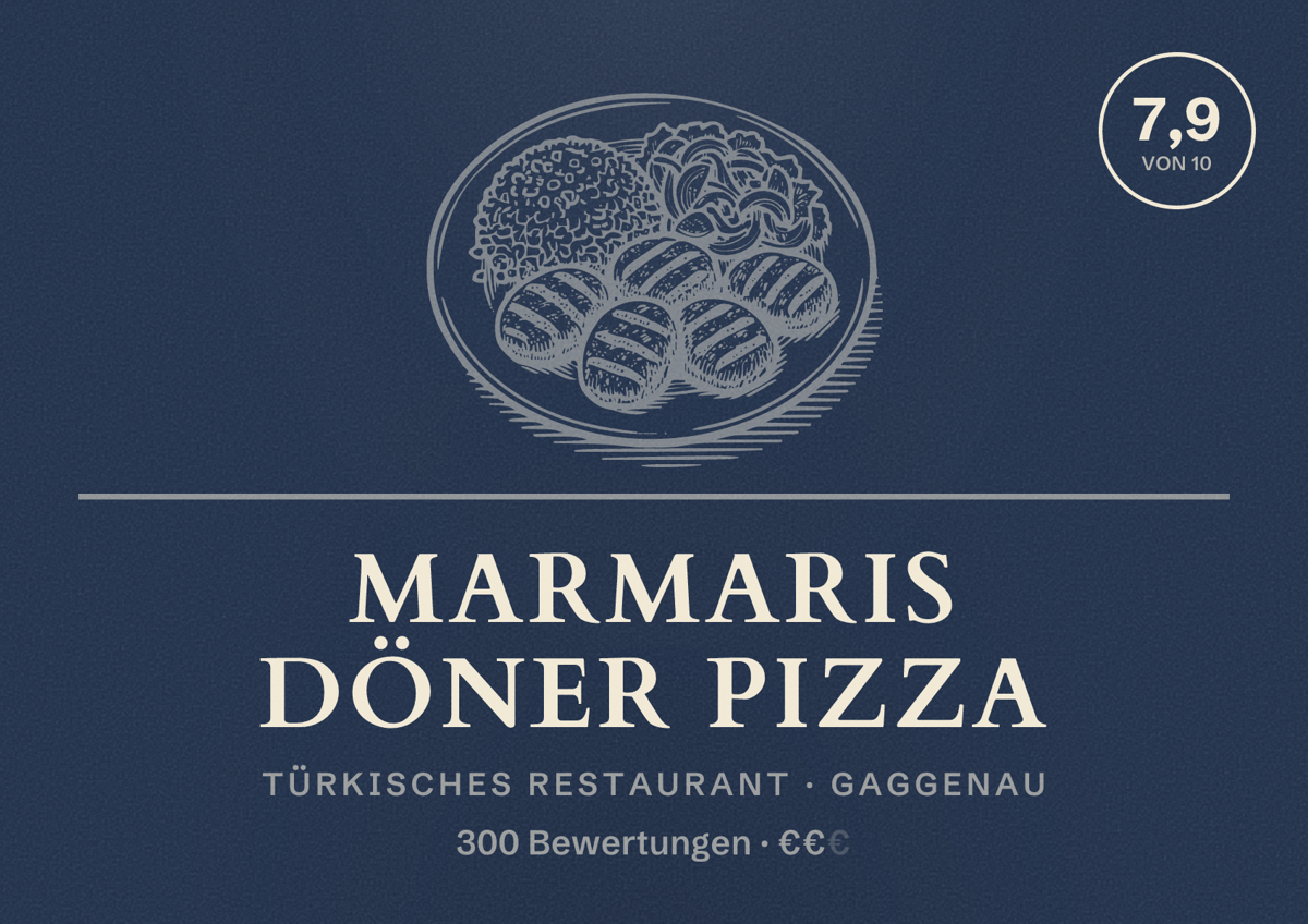 Illustriertes Poster von Marmaris Döner Pizza, Türkisches Restaurant in Gaggenau: Bewertung 7,9 von 10 aus 300 Bewertungen, Preisniveau €€