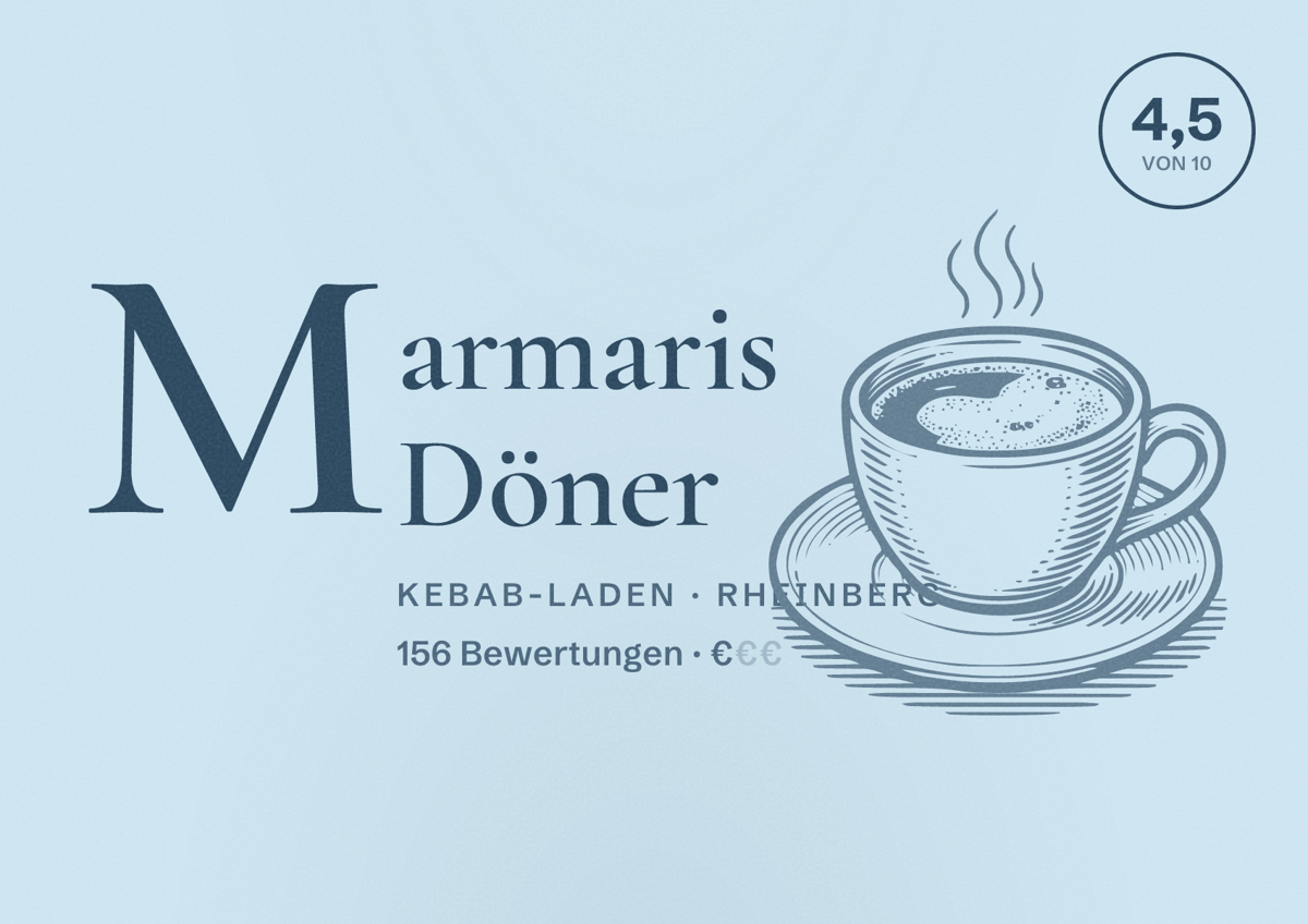 Illustriertes Poster von Marmaris Döner, Kebab-Laden in Rheinberg: Bewertung 4,5 von 10 aus 156 Bewertungen, Preisniveau €