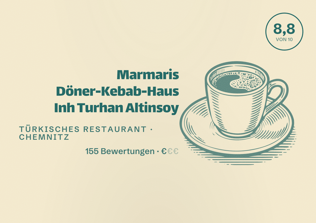 Illustriertes Poster von Marmaris Döner-Kebab-Haus Inh Turhan Altinsoy, Türkisches Restaurant in Chemnitz: Bewertung 8,8 von 10 aus 155 Bewertungen, Preisniveau €