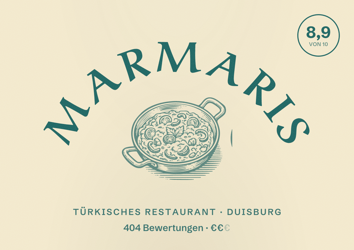 Illustriertes Poster von Marmaris, Türkisches Restaurant in Duisburg: Bewertung 8,9 von 10 aus 404 Bewertungen, Preisniveau €€