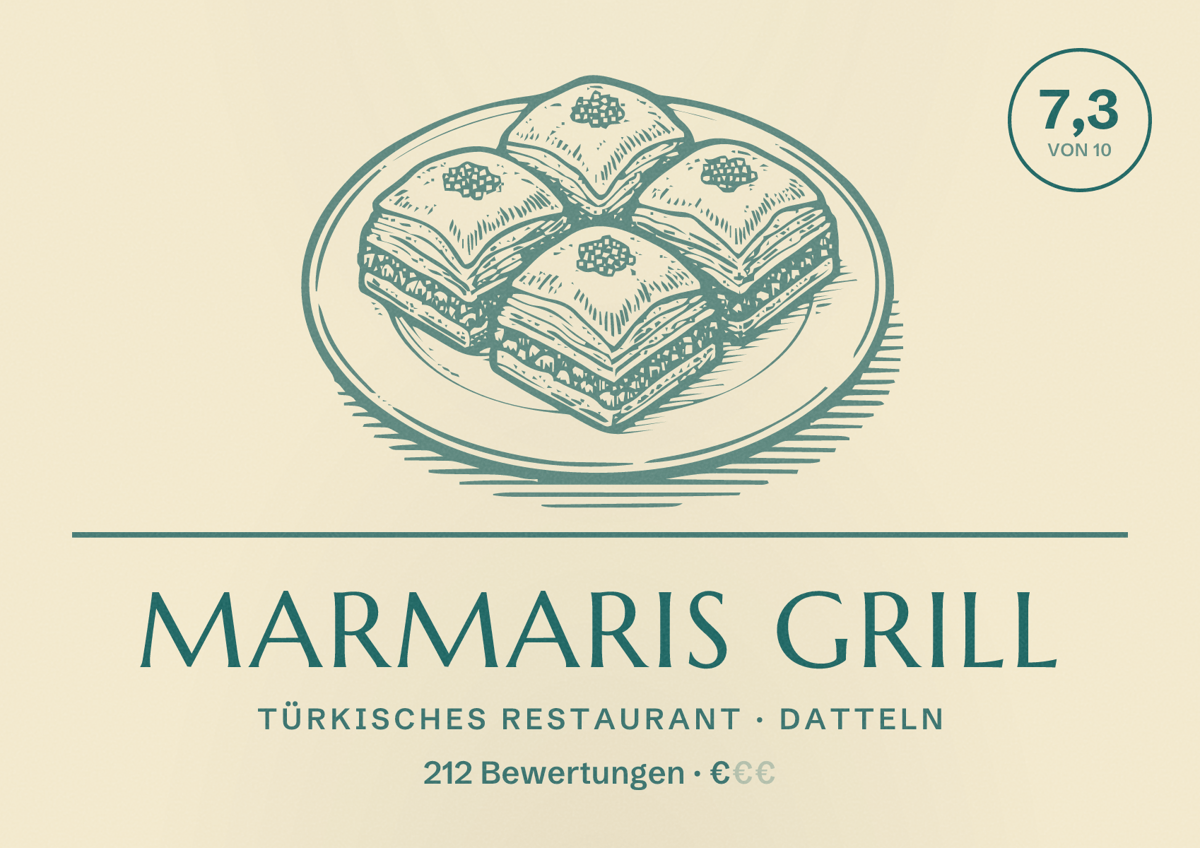 Illustriertes Poster von Marmaris Grill, Türkisches Restaurant in Datteln: Bewertung 7,3 von 10 aus 212 Bewertungen, Preisniveau €