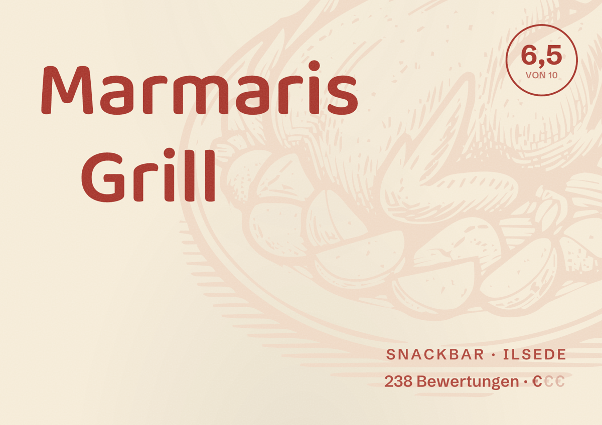 Illustriertes Poster von Marmaris Grill, Snackbar in Ilsede: Bewertung 6,5 von 10 aus 238 Bewertungen, Preisniveau €