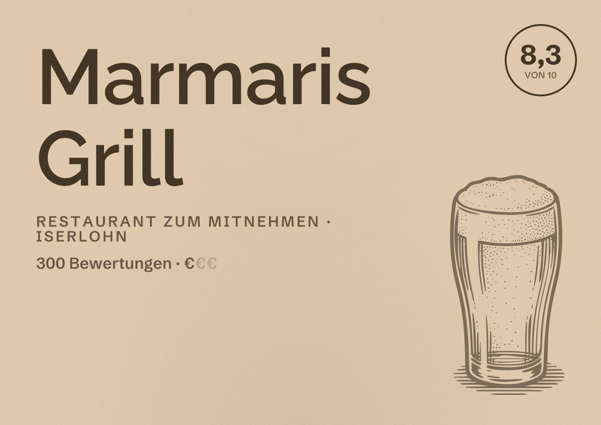 Illustriertes Poster von Marmaris Grill, Restaurant zum Mitnehmen in Iserlohn: Bewertung 8,3 von 10 aus 300 Bewertungen, Preisniveau €