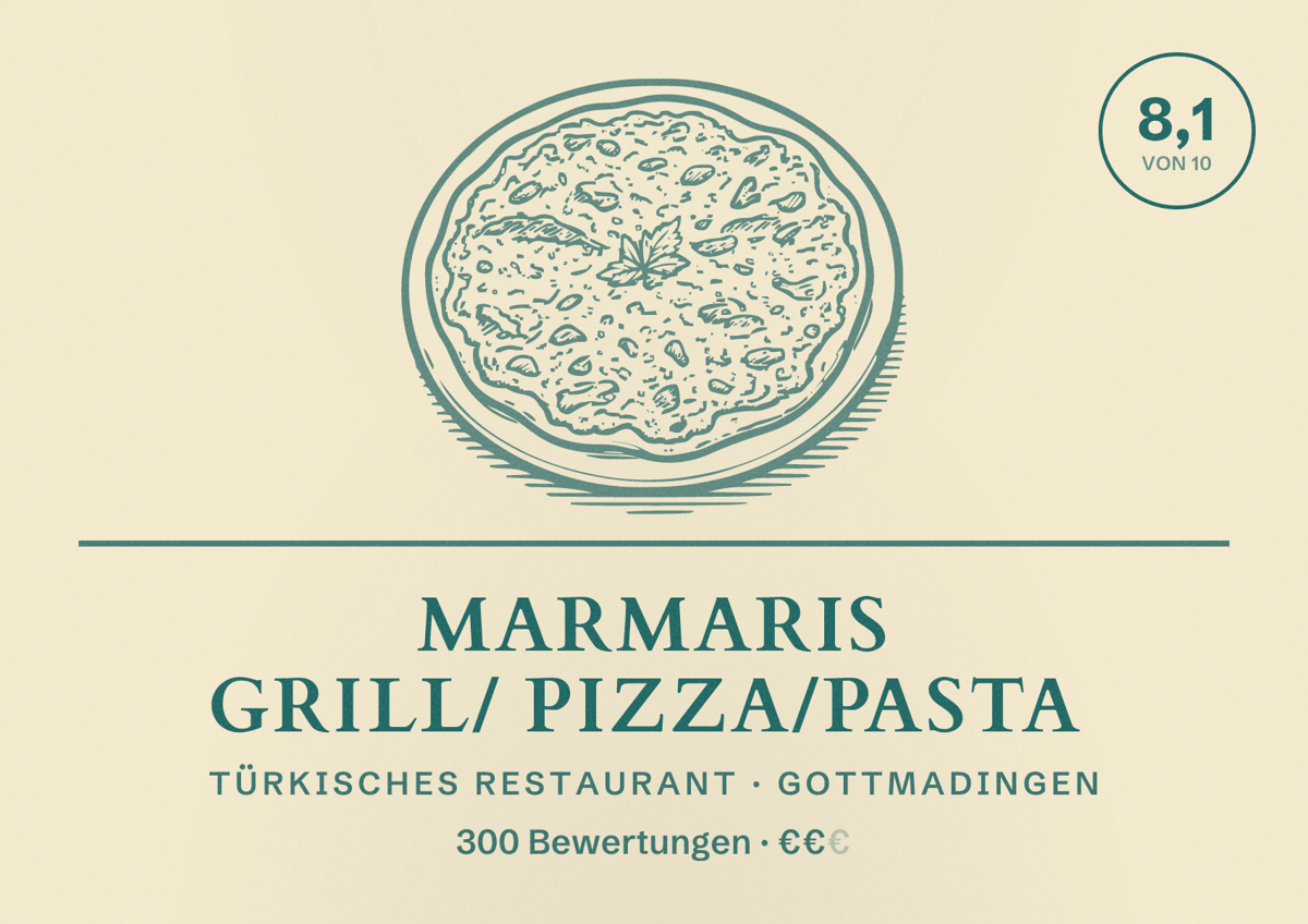 Illustriertes Poster von Marmaris Grill/ Pizza/Pasta, Türkisches Restaurant in Gottmadingen: Bewertung 8,1 von 10 aus 300 Bewertungen, Preisniveau €€