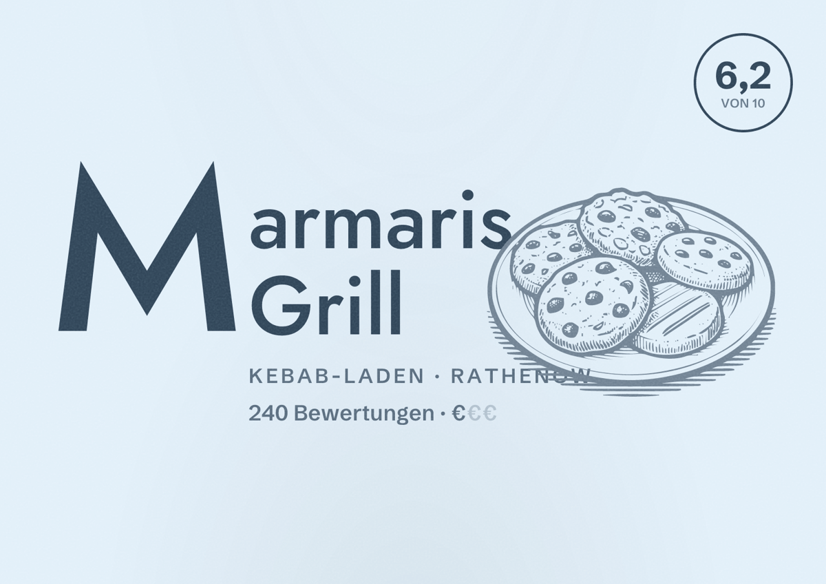 Illustriertes Poster von Marmaris Grill, Kebab-Laden in Rathenow: Bewertung 6,2 von 10 aus 240 Bewertungen, Preisniveau €