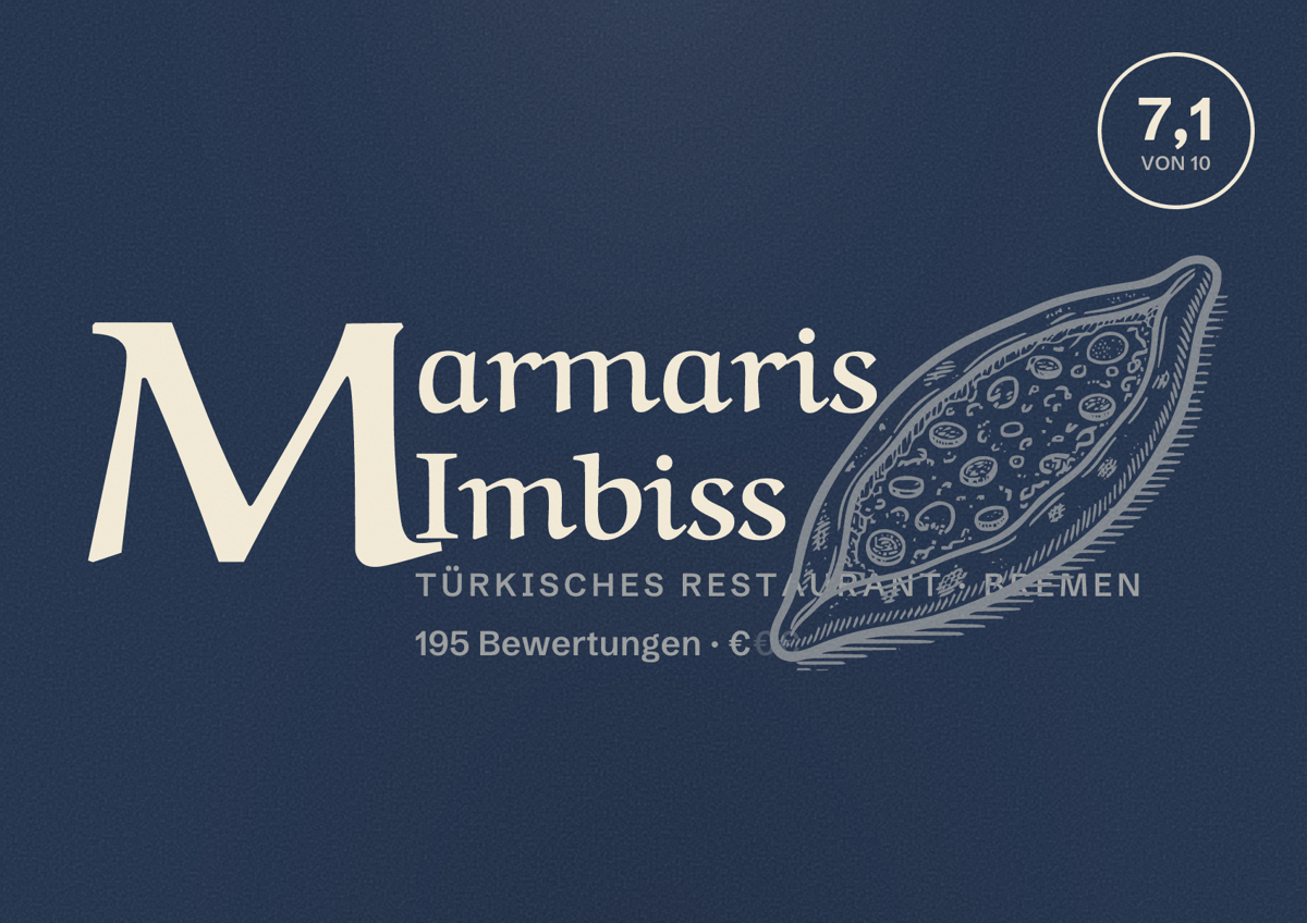 Illustriertes Poster von Marmaris Imbiss, Türkisches Restaurant in Bremen: Bewertung 7,1 von 10 aus 195 Bewertungen, Preisniveau €