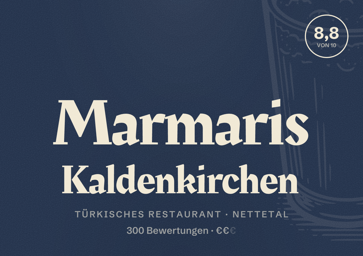 Illustriertes Poster von Marmaris Kaldenkirchen, Türkisches Restaurant in Nettetal: Bewertung 8,8 von 10 aus 300 Bewertungen, Preisniveau €€