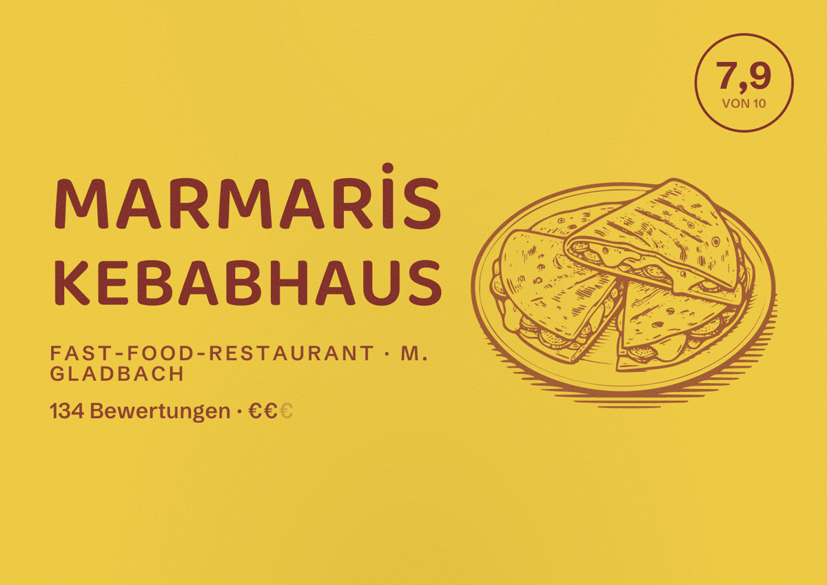 Illustriertes Poster von MARMARİS KEBABHAUS, Fast-Food-Restaurant in M. Gladbach: Bewertung 7,9 von 10 aus 134 Bewertungen, Preisniveau €€
