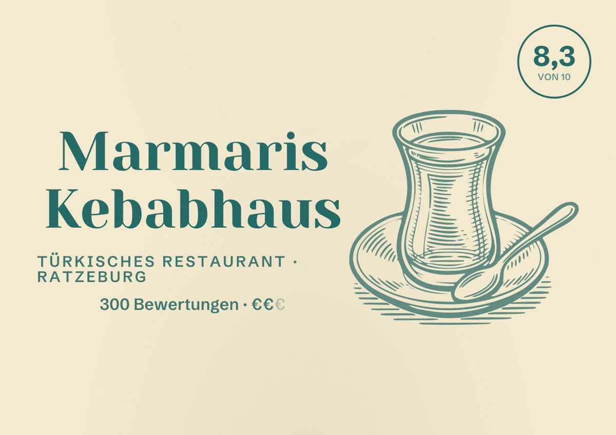 Illustriertes Poster von Marmaris Kebabhaus, Türkisches Restaurant in Ratzeburg: Bewertung 8,3 von 10 aus 300 Bewertungen, Preisniveau €€