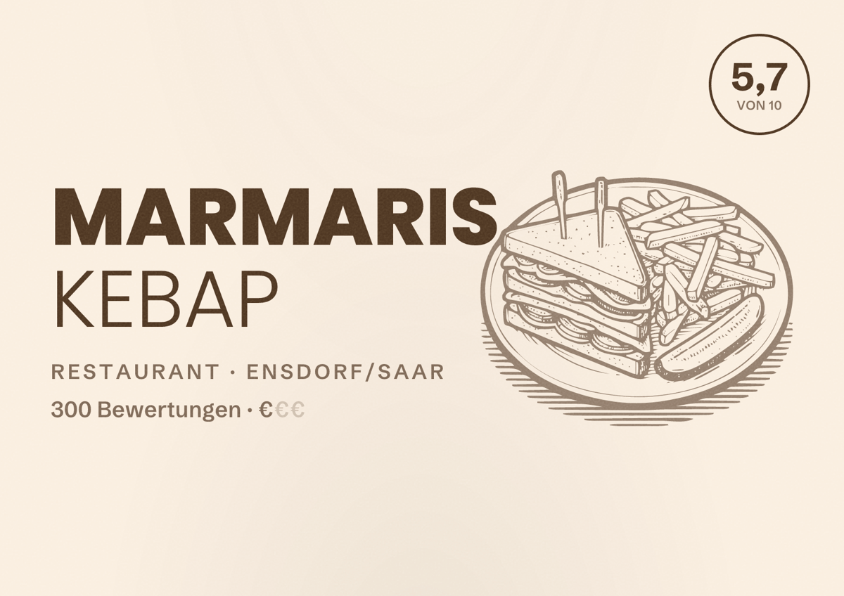 Illustriertes Poster von MARMARIS KEBAP, Restaurant in Ensdorf/Saar: Bewertung 5,7 von 10 aus 300 Bewertungen, Preisniveau €