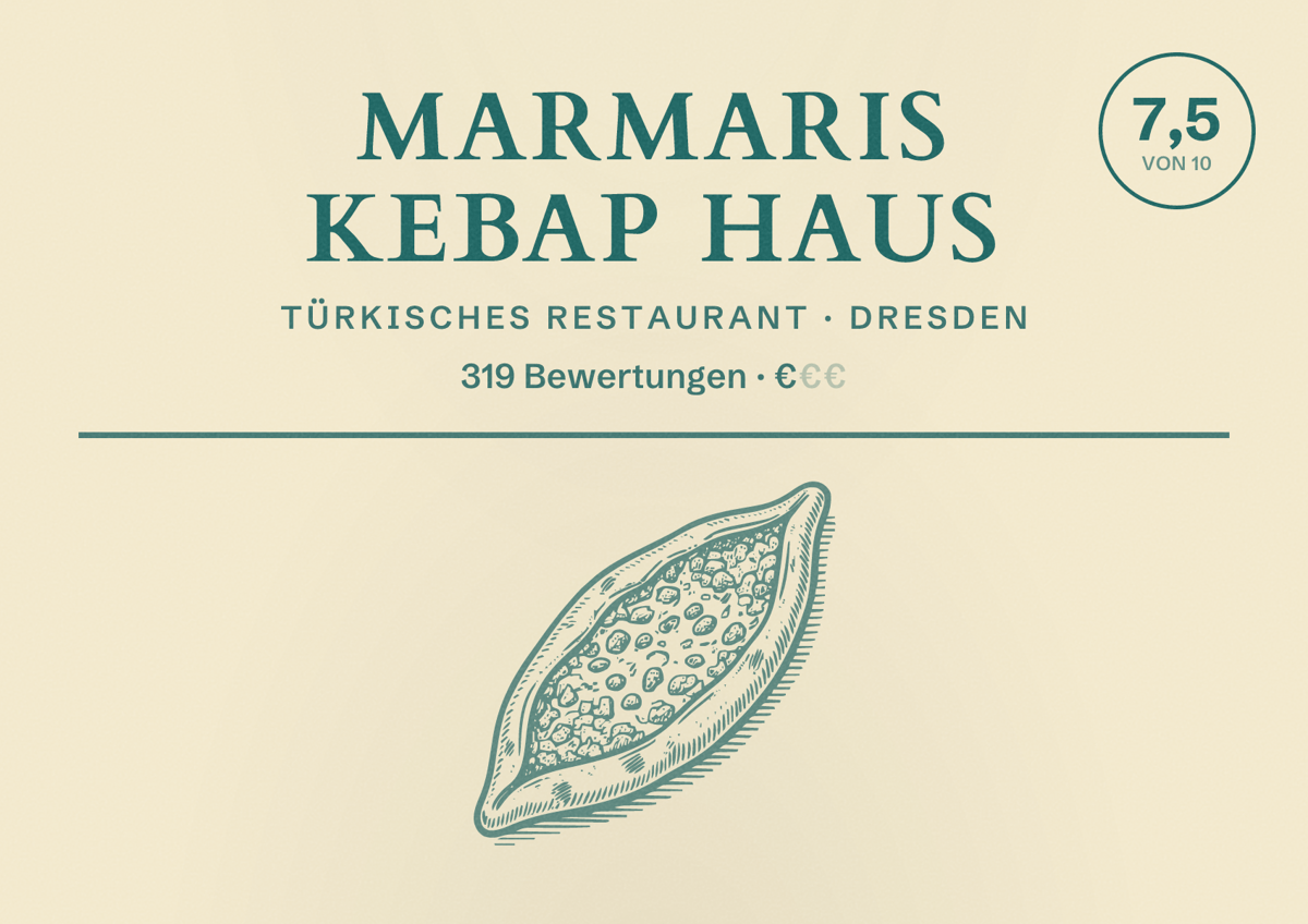 Illustriertes Poster von Marmaris Kebap Haus, Türkisches Restaurant in Dresden: Bewertung 7,5 von 10 aus 319 Bewertungen, Preisniveau €