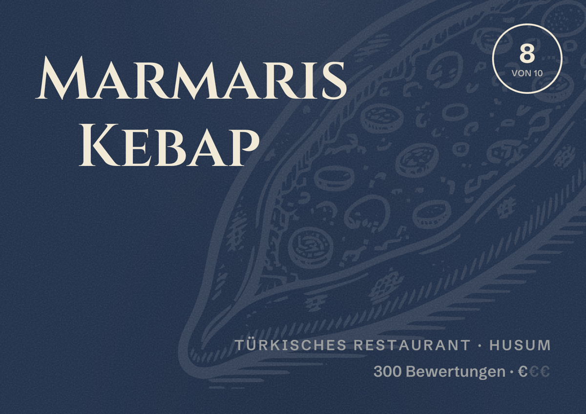 Illustriertes Poster von Marmaris Kebap, Türkisches Restaurant in Husum: Bewertung 8 von 10 aus 300 Bewertungen, Preisniveau €