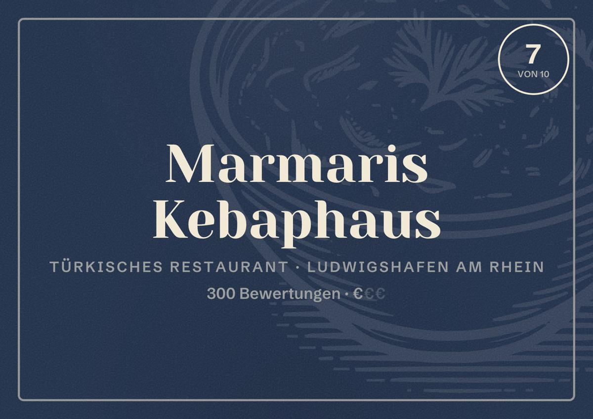 Illustriertes Poster von Marmaris Kebaphaus, Türkisches Restaurant in Ludwigshafen am Rhein: Bewertung 7 von 10 aus 300 Bewertungen, Preisniveau €