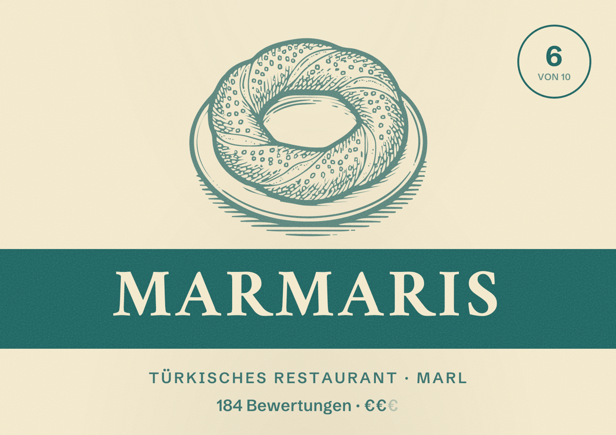 Illustriertes Poster von MarMaris, Türkisches Restaurant in Marl: Bewertung 6 von 10 aus 184 Bewertungen, Preisniveau €€