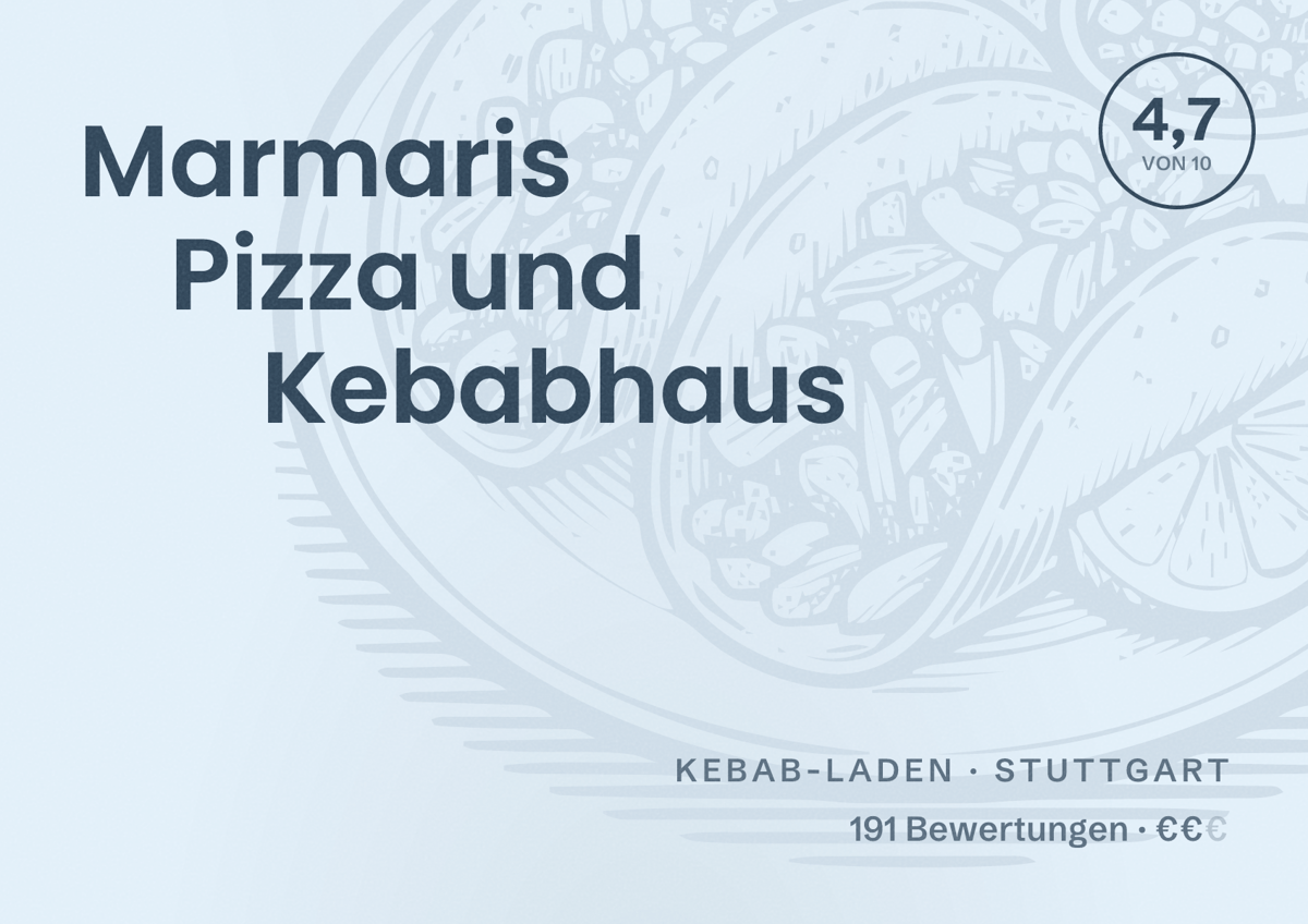 Illustriertes Poster von Marmaris Pizza und Kebabhaus, Kebab-Laden in Stuttgart: Bewertung 4,7 von 10 aus 191 Bewertungen, Preisniveau €€