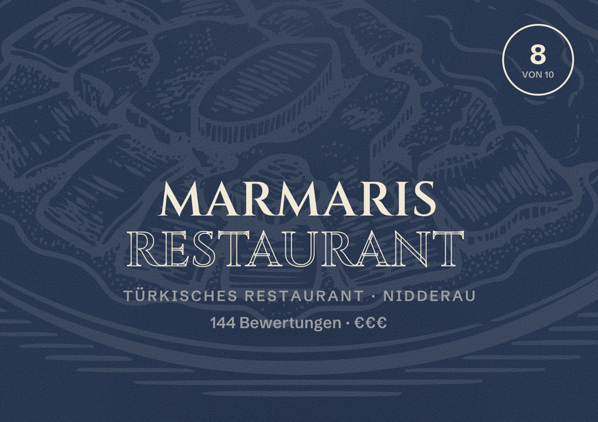 Illustriertes Poster von Marmaris Restaurant, Türkisches Restaurant in Nidderau: Bewertung 8 von 10 aus 144 Bewertungen, Preisniveau €€€