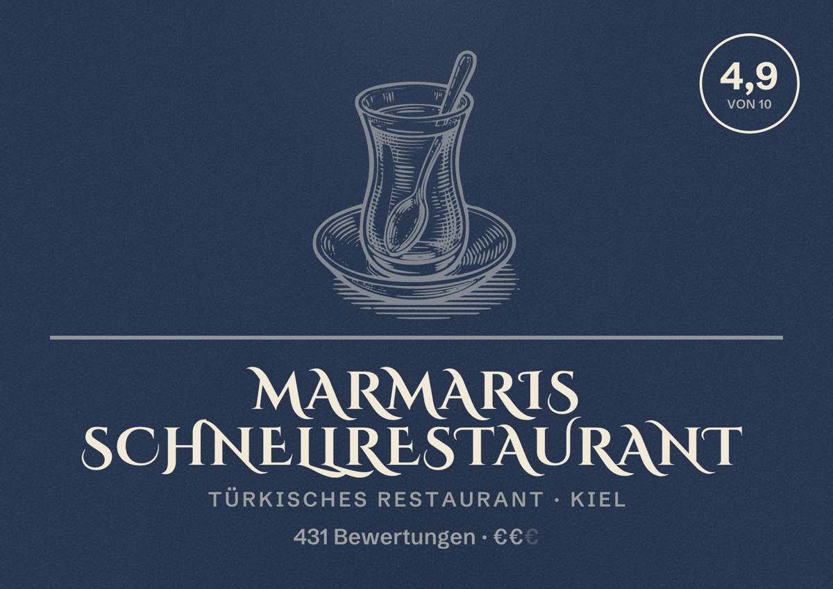 Illustriertes Poster von Marmaris Schnellrestaurant, Türkisches Restaurant in Kiel: Bewertung 4,9 von 10 aus 431 Bewertungen, Preisniveau €€