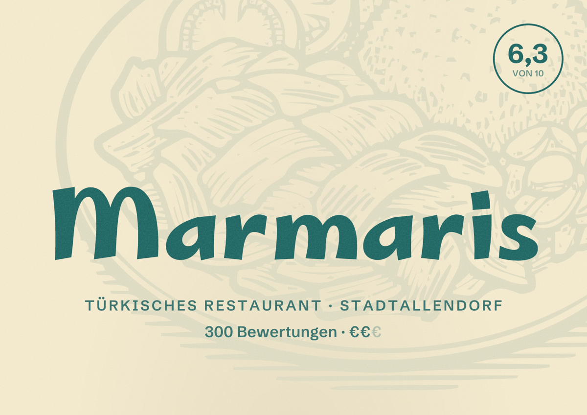 Illustriertes Poster von Marmaris, Türkisches Restaurant in Stadtallendorf: Bewertung 6,3 von 10 aus 300 Bewertungen, Preisniveau €€