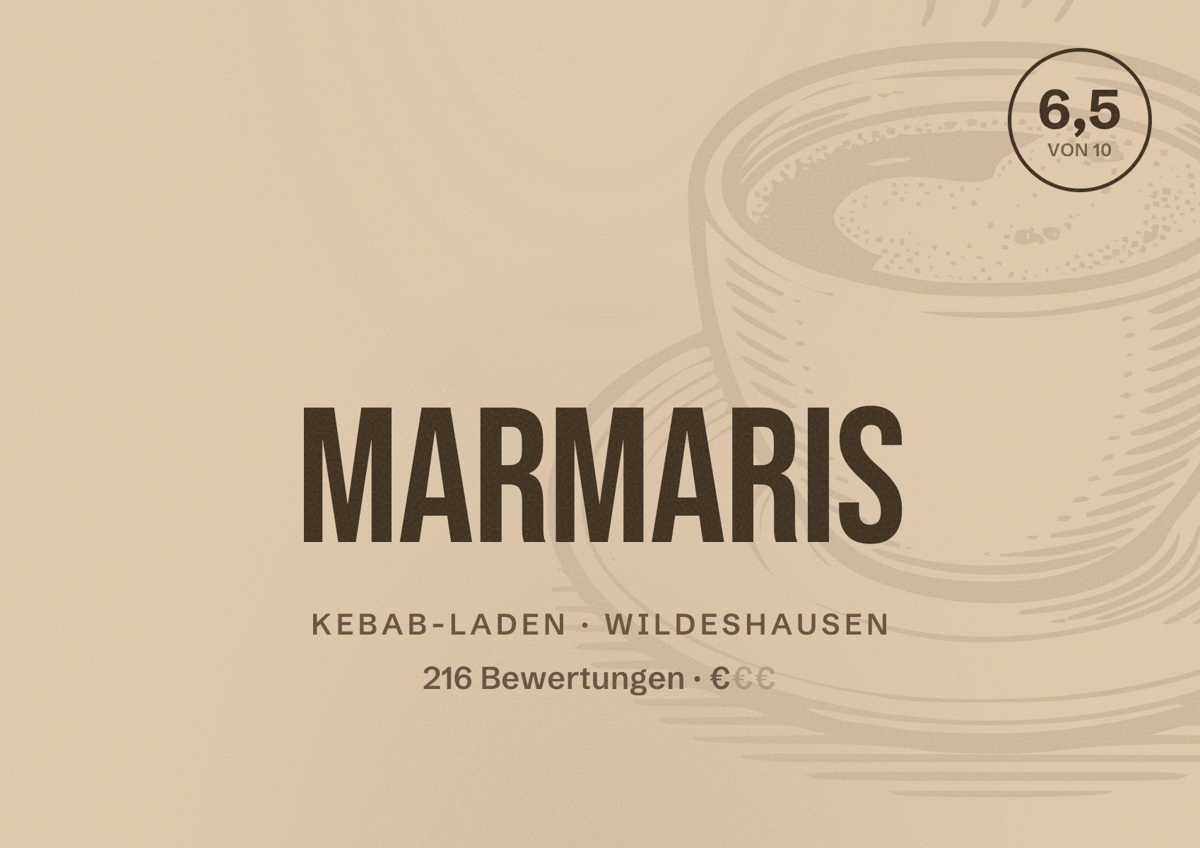 Illustriertes Poster von Marmaris, Kebab-Laden in Wildeshausen: Bewertung 6,5 von 10 aus 216 Bewertungen, Preisniveau €