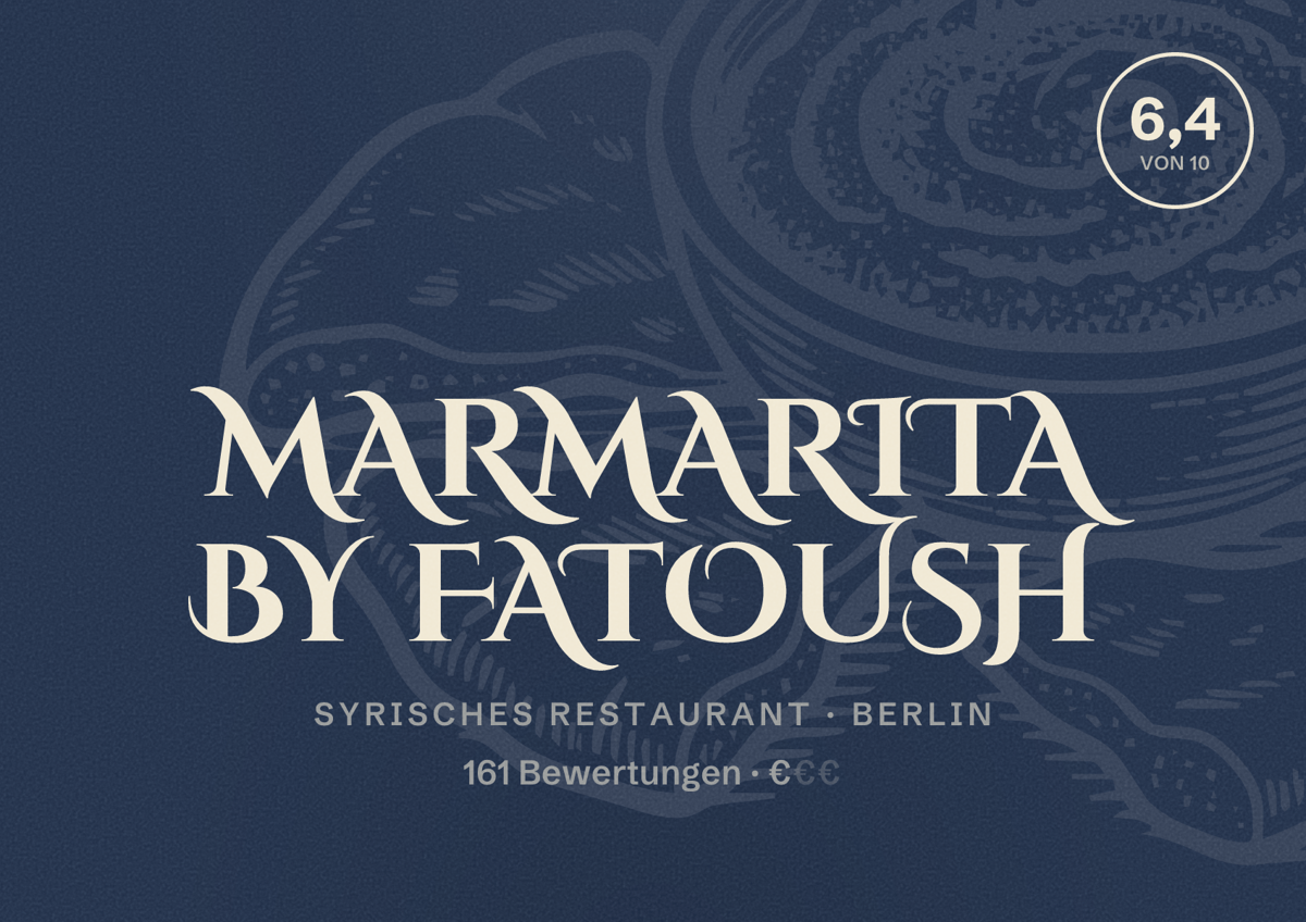 Illustriertes Poster von Marmarita by Fatoush, Syrisches Restaurant in Berlin: Bewertung 6,4 von 10 aus 161 Bewertungen, Preisniveau €
