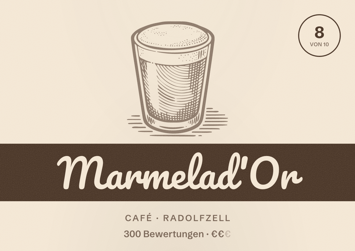Illustriertes Poster von Marmelad'Or, Café in Radolfzell: Bewertung 8 von 10 aus 300 Bewertungen, Preisniveau €€