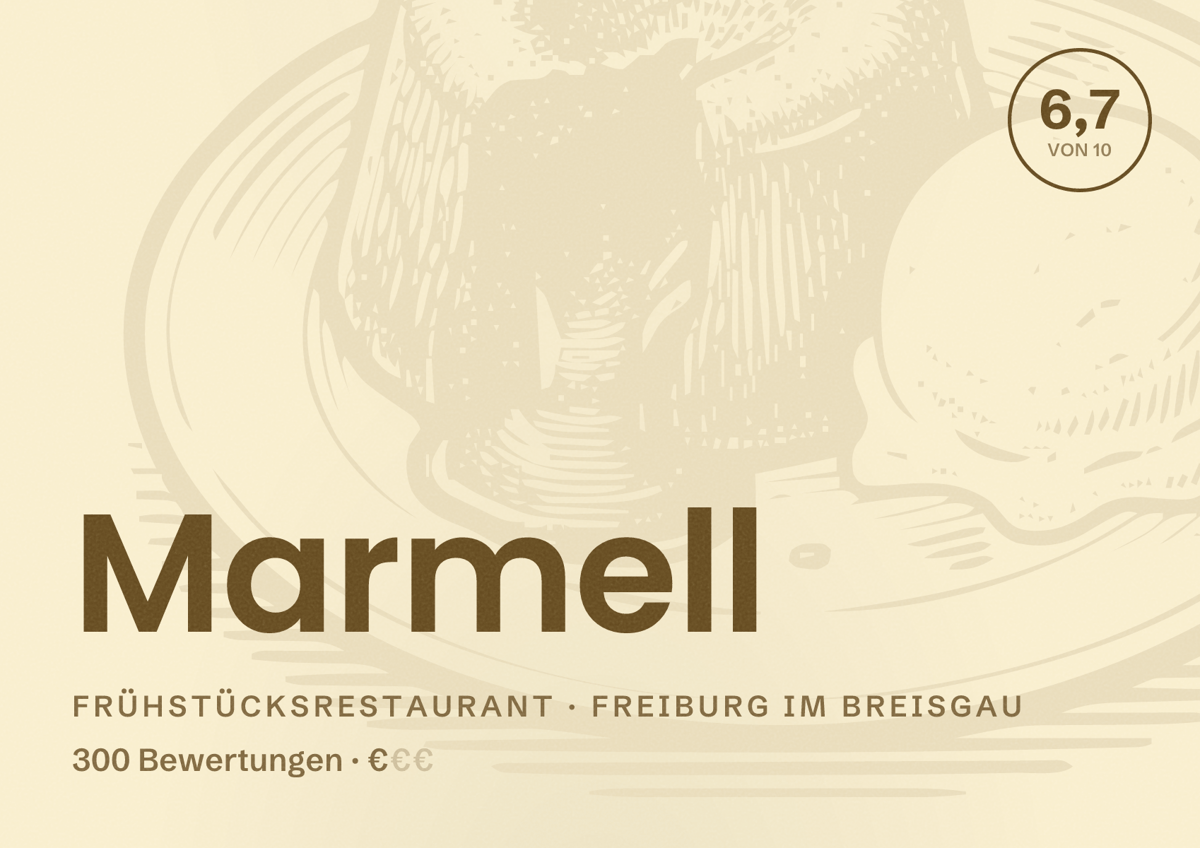 Illustriertes Poster von Marmell, Frühstücksrestaurant in Freiburg im Breisgau: Bewertung 6,7 von 10 aus 300 Bewertungen, Preisniveau €