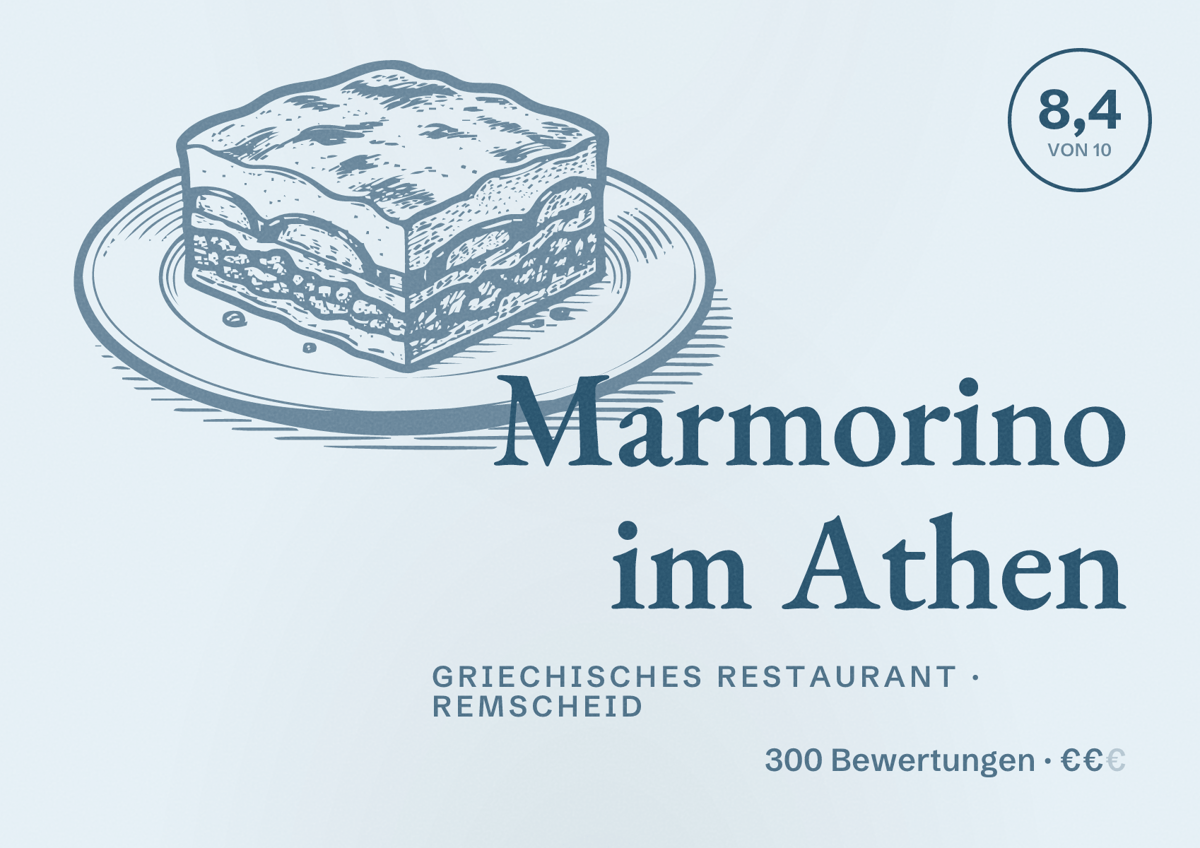 Illustriertes Poster von Marmorino im Athen, Griechisches Restaurant in Remscheid: Bewertung 8,4 von 10 aus 300 Bewertungen, Preisniveau €€