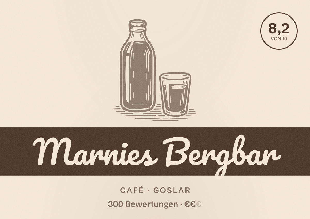 Illustriertes Poster von Marnies Bergbar, Café in Goslar: Bewertung 8,2 von 10 aus 300 Bewertungen, Preisniveau €€
