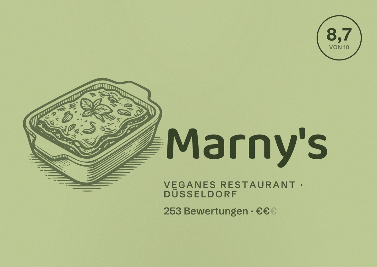 Illustriertes Poster von Marny's, Veganes Restaurant in Düsseldorf: Bewertung 8,7 von 10 aus 253 Bewertungen, Preisniveau €€