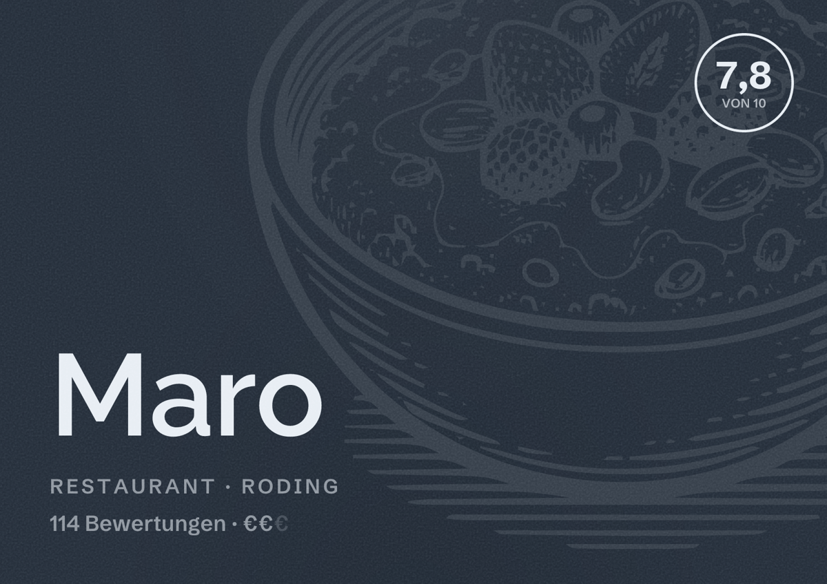 Illustriertes Poster von Maro, Restaurant in Roding: Bewertung 7,8 von 10 aus 114 Bewertungen, Preisniveau €€