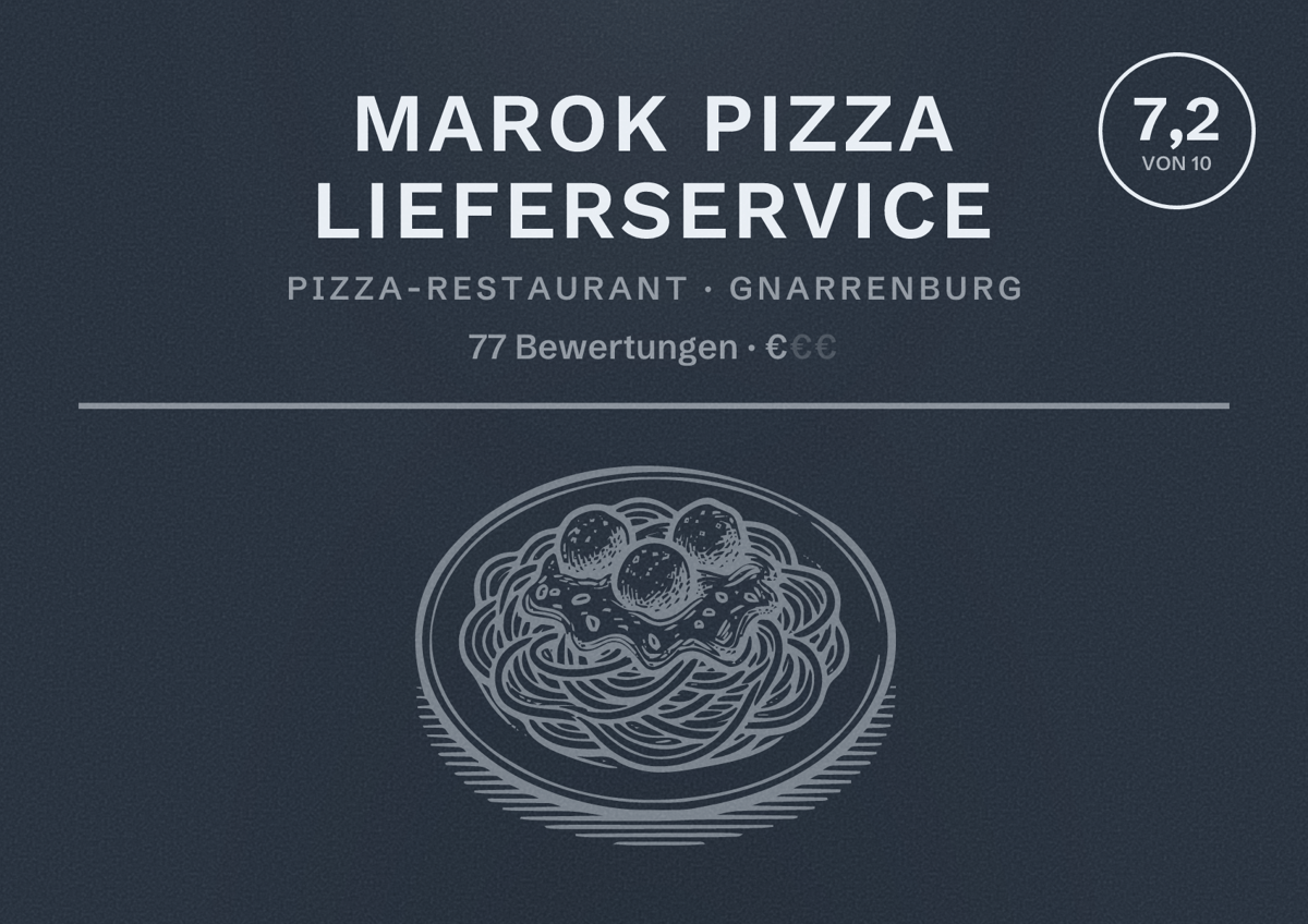 Illustriertes Poster von Marok Pizza Lieferservice, Pizza-Restaurant in Gnarrenburg: Bewertung 7,2 von 10 aus 77 Bewertungen, Preisniveau €